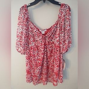 NWT SKYES THE LIMIT RED & WHITE FLORAL CHIFFON TOP SZ L